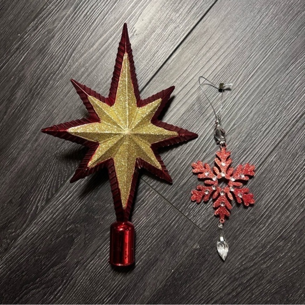 Shatterproof Christmas Tree Topper Star + Red Snowflake Ornament Set